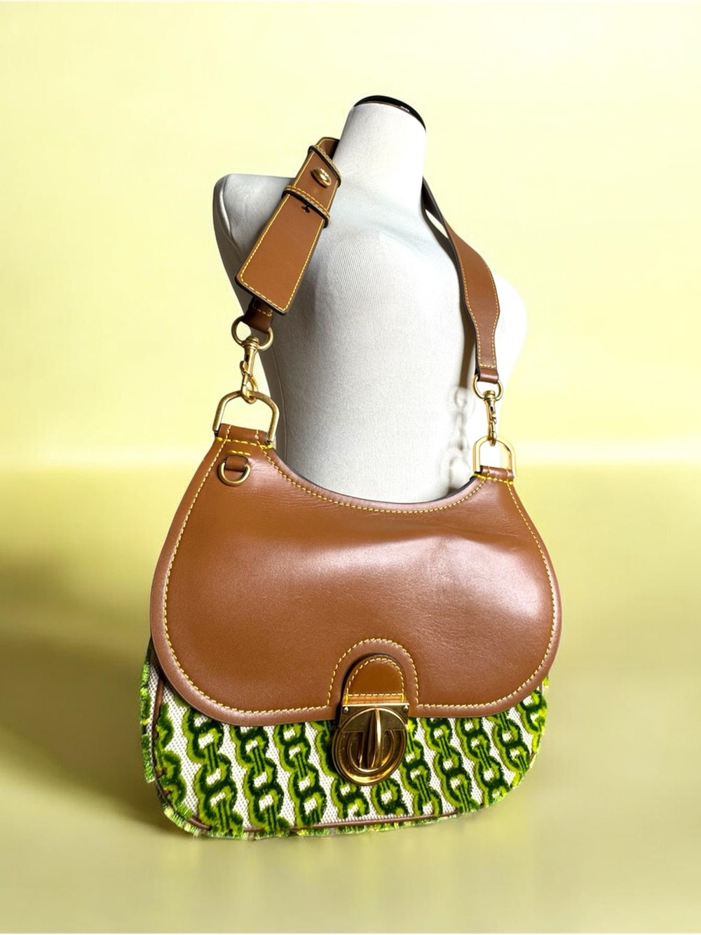 Tory Burch James Fil Coupe Small Saddlebag Leather Green Gold Hardware
